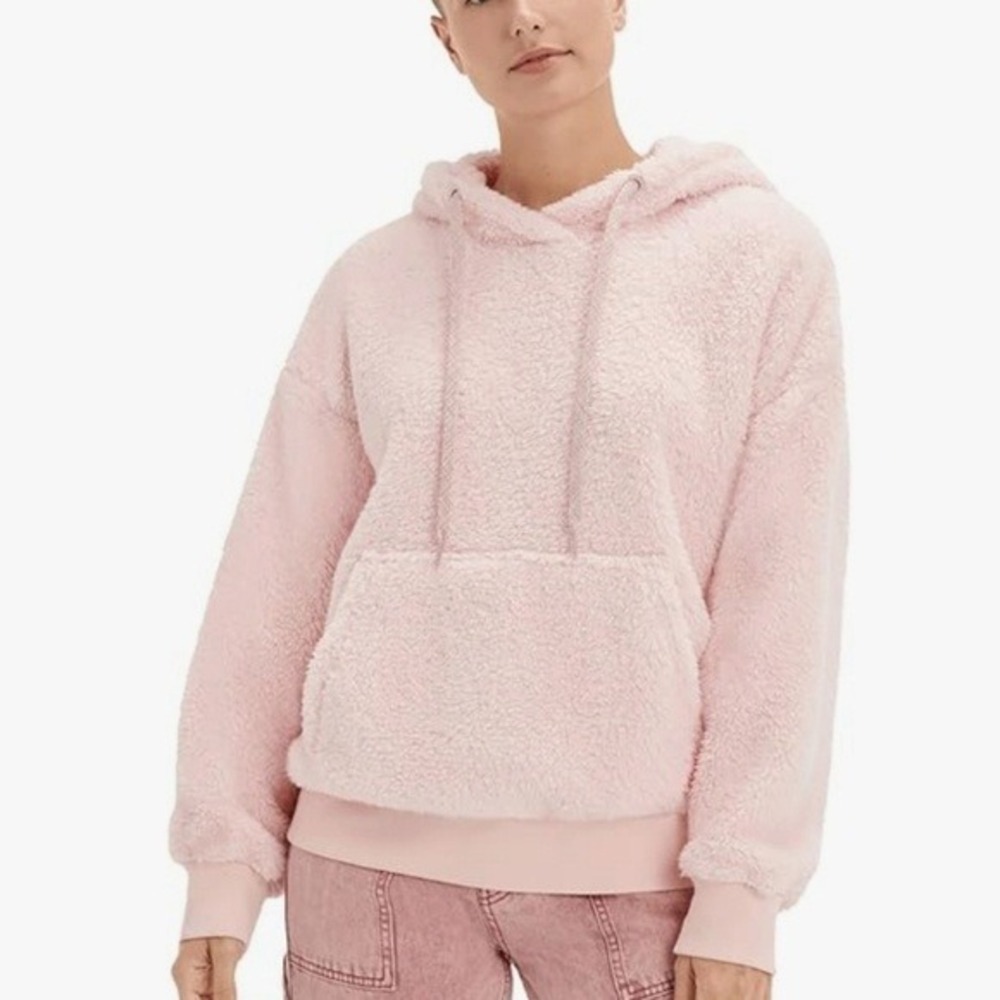 UGG Adeline Sherpa Hoodie Pink Faux Fur Oversized‎ Sweatshirt Womens Medium